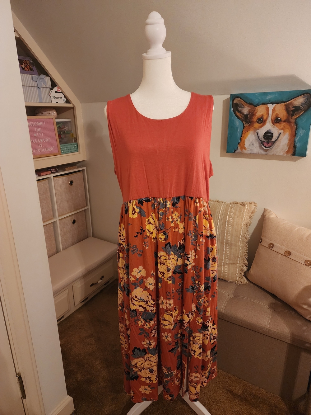 Maurices Sleeveless Rust Floral Maxi Dress with Yellow Accents